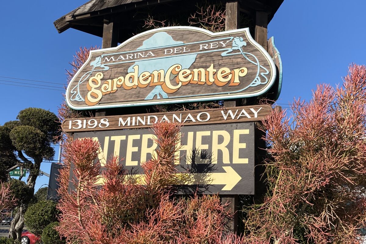 Un letrero grande que dice "Enter Here" con una flecha gigante que apunta a la derecha y, encima, un letrero que dice "Marina Del Ray Garden Center"