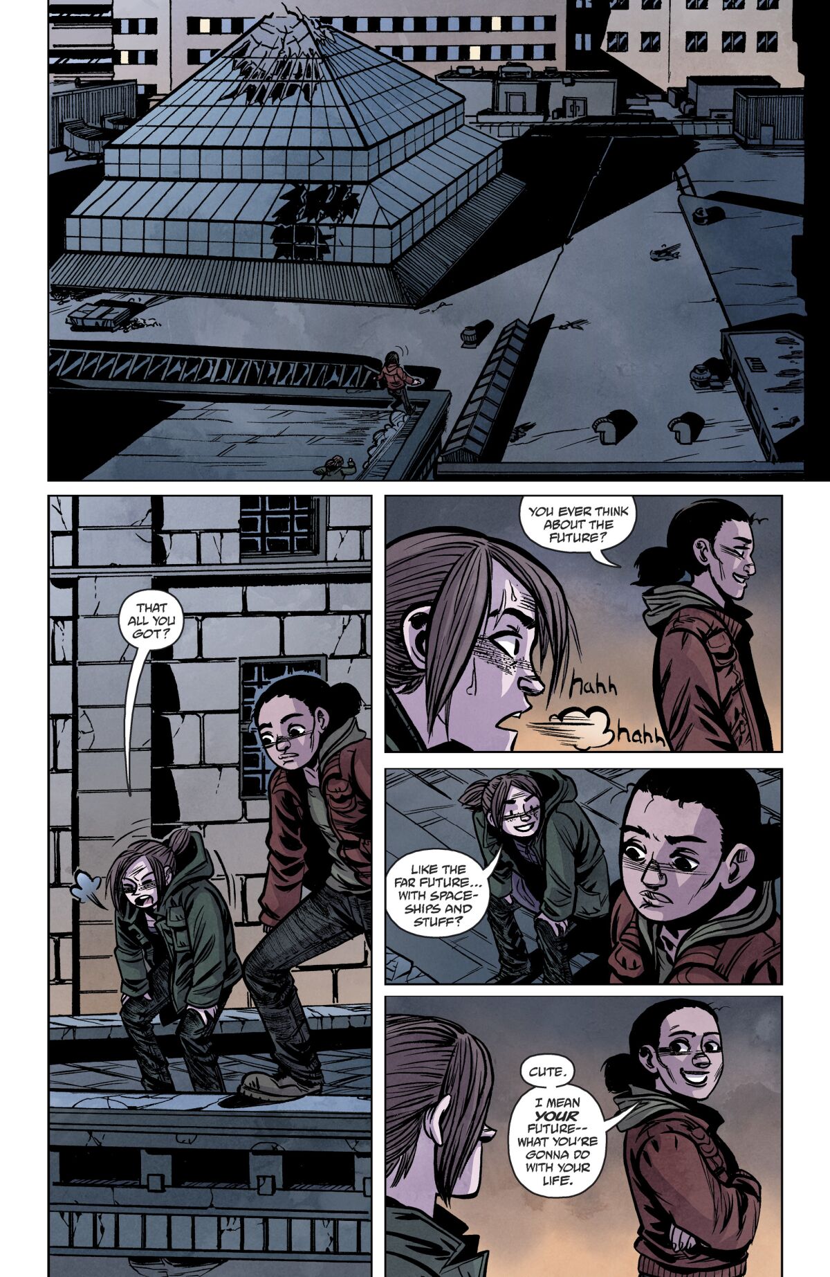 A comic book page showing two girls talking about their future on a rooftop