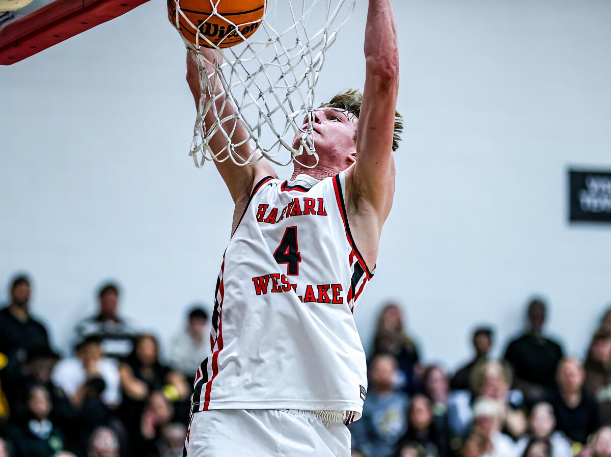 Nikolas Khamenia of Harvard-Westlake gets physical for a dunk in win over Crespi. He faces Sherman Oaks Notre Dame on Friday.