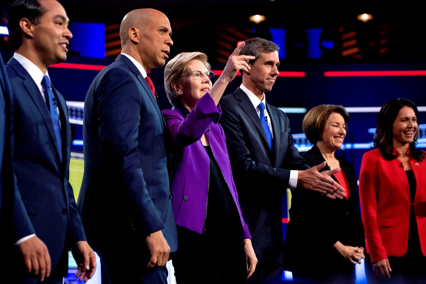 Julian Castro, Cory Booker, Elizabeth Warren, Beto O'Rourke, Amy Klobuchar and Tulsi Gabbard, from left, before the debate.