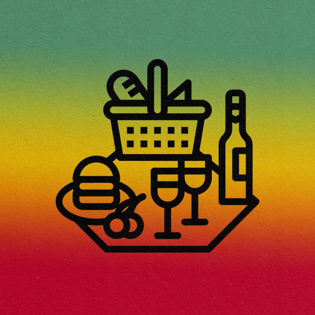 pictogram of a picnic basket, a burger, wine bottles and glasses and a cherry