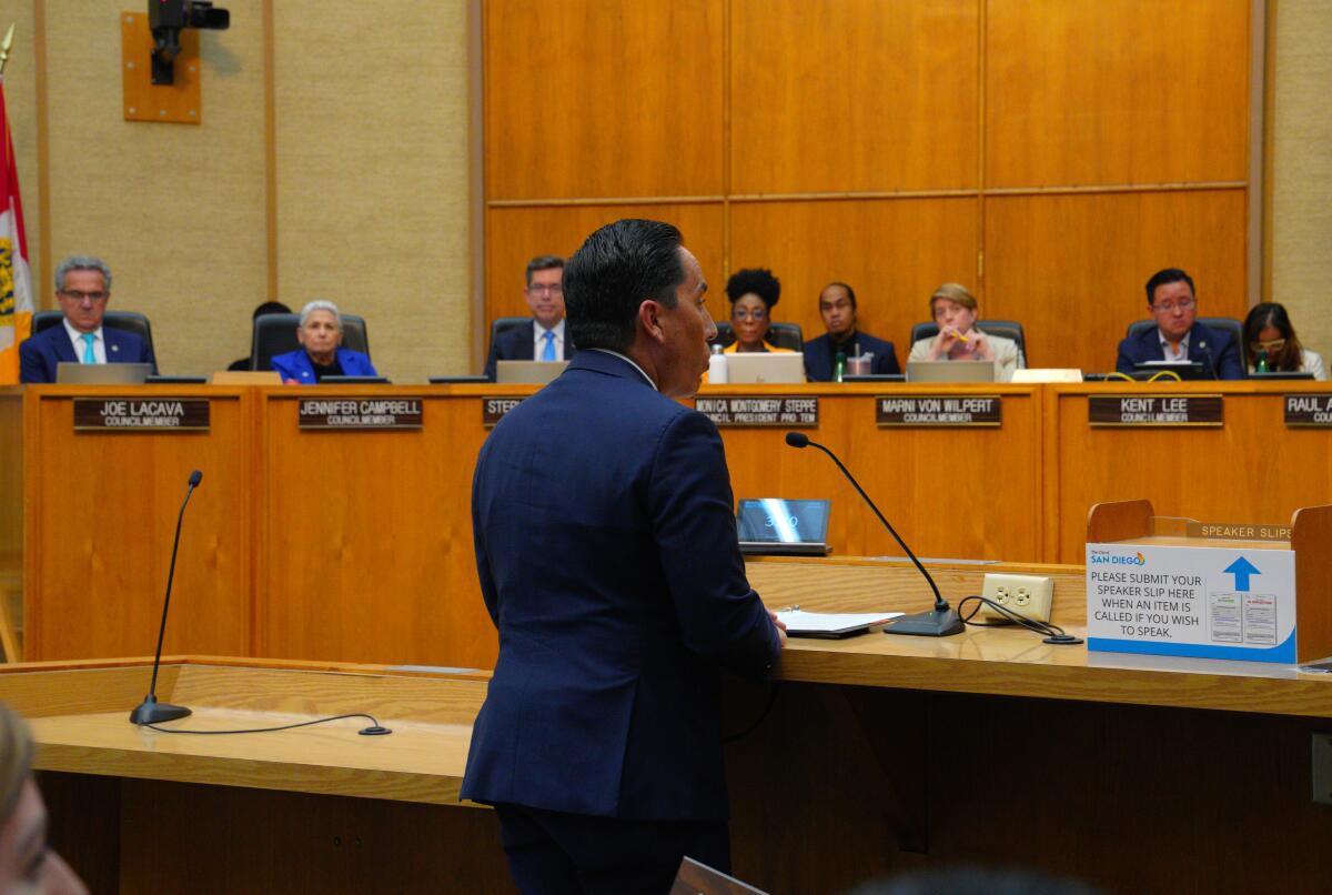 San Diego Mayor Todd Gloria urges the City Council on June 13 to support the proposed ordinance on homeless encampments.