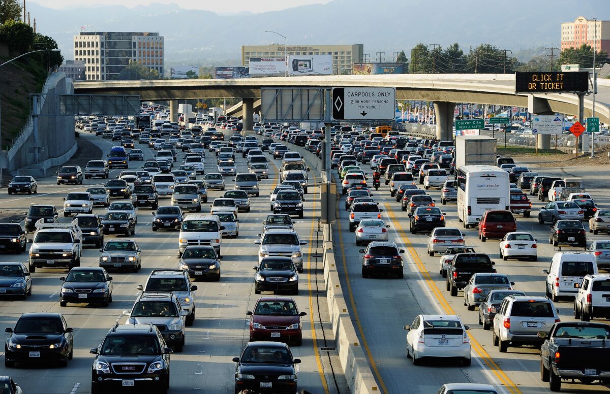 Traffic comes to a standstill on the northbound and the southbound lanes of the 405 Freeway near Los Angeles International Aiprort.