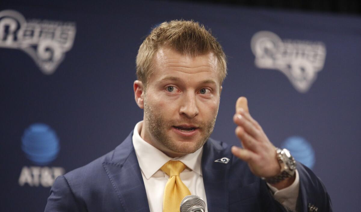 Rams coach Sean McVay answers questions at a press conference.