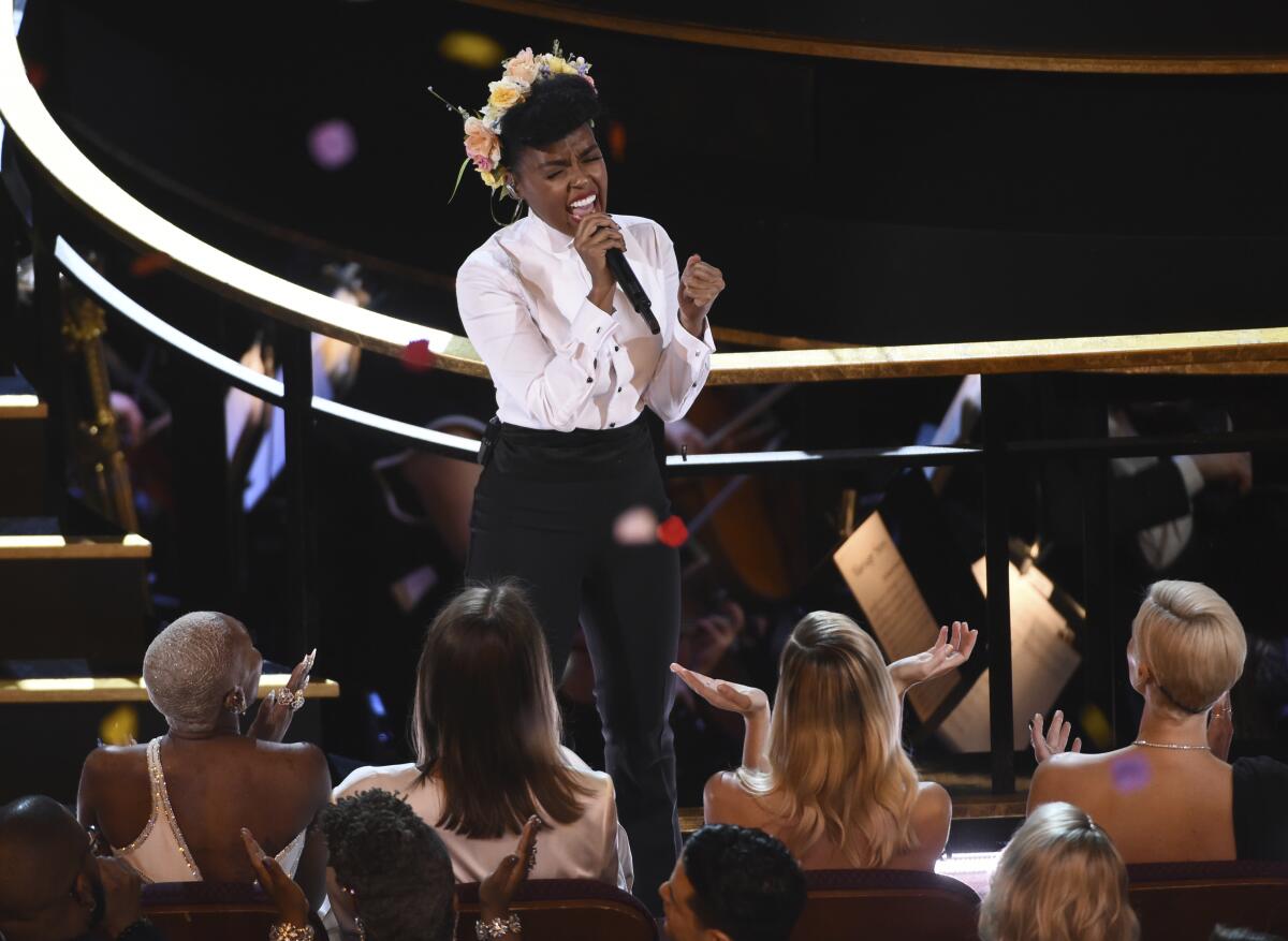 Janelle Monáe performs at the Oscars on Sunday at the Dolby Theatre in Los Angeles. 

