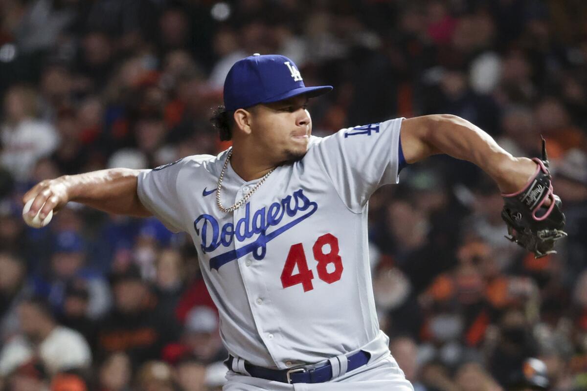 Dodgers reliever Brusdar Graterol delivers a pitch Thursday against the San Francisco Giants. 