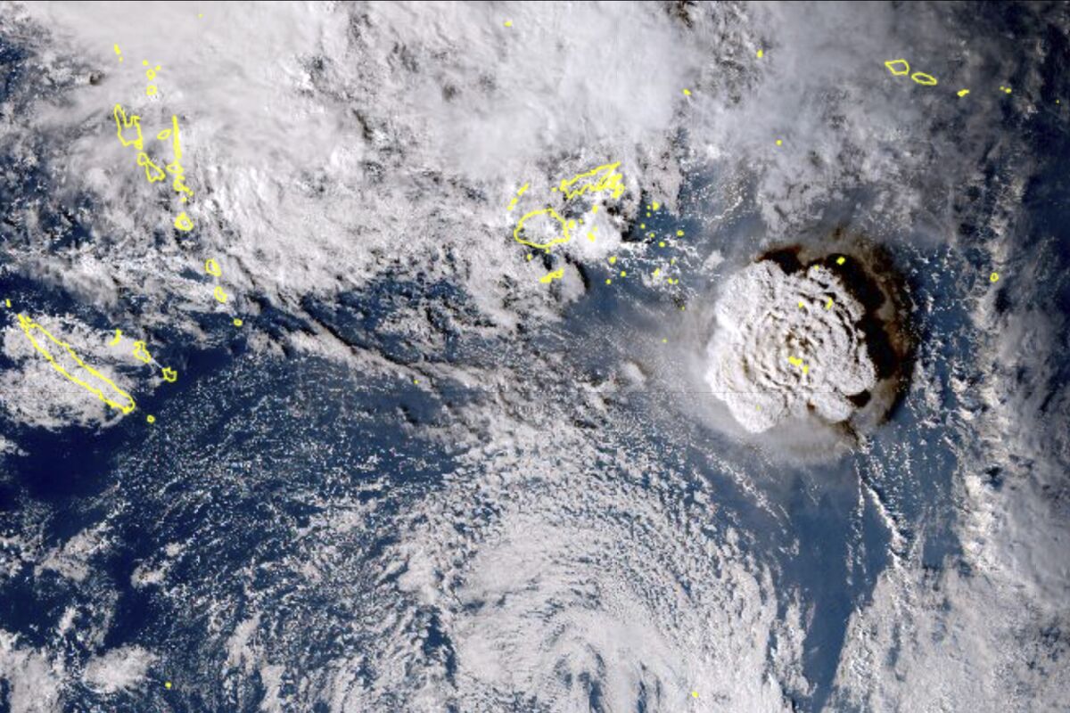 An image taken by a Japanese weather satellite shows an undersea volcanic eruption near the Pacific nation of Tonga.