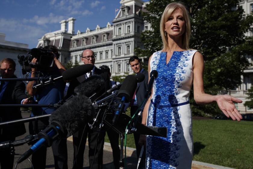White House counselor Kellyanne Conway talks to reporters outside the White House, Monday, June 24, 2019, in Washington. (AP Photo/Evan Vucci)
