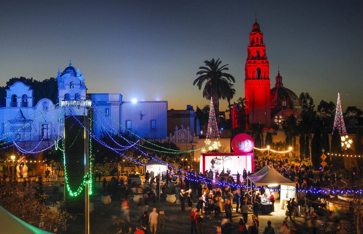 People fill the Plaza de Panama during December Nights at Balboa Park in San Diego.