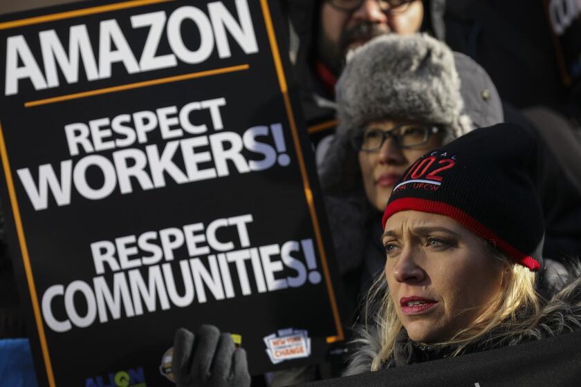 NEW YORK, NY - JANUARY 30: Protestors rally against Amazon and the company's plans to move their second headquarters to the Long Island City neighborhood of Queens, at New York City Hall, January 30, 2019 in New York City. Some Queens community members and activists say Amazon's move to Queens will further gentrify neighborhoods in the area and add more stress to an already struggling infrastructure system. (Photo by Drew Angerer/Getty Images) ** OUTS - ELSENT, FPG, CM - OUTS * NM, PH, VA if sourced by CT, LA or MoD **