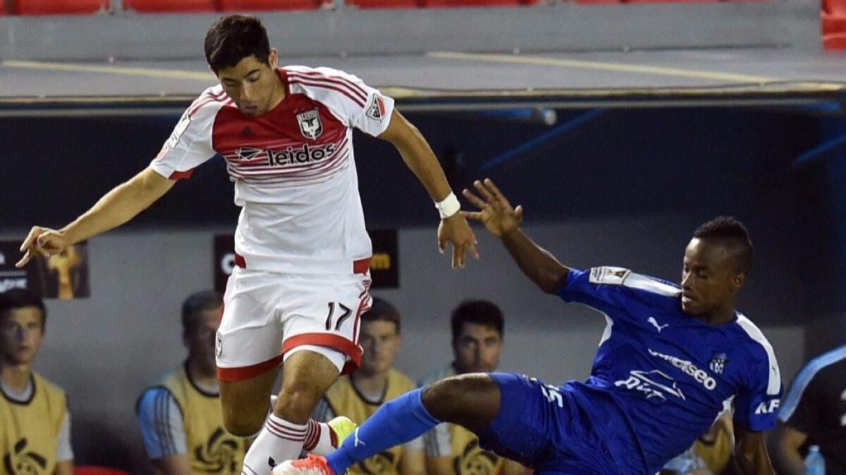 Miguel Aguilar, left, seen playing for D.C. United in 2015, plays now with Galaxy II in USL. The Los Angeles resident, who was brought to the U.S. from Mexico when he was 11, has applied for a green card but is concerned about possible deportation.