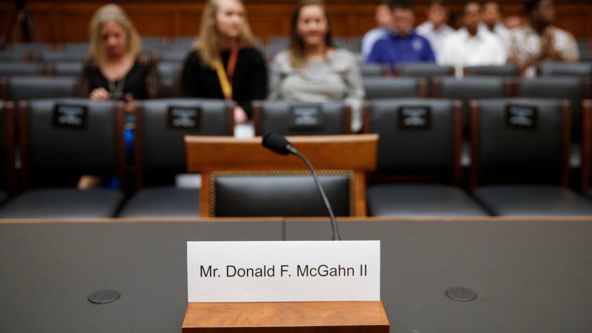 The empty chair of former White House Counsel Donald McGahn prior to the House Judiciary Committee hearing he refused to attend on Tuesday in Washington.