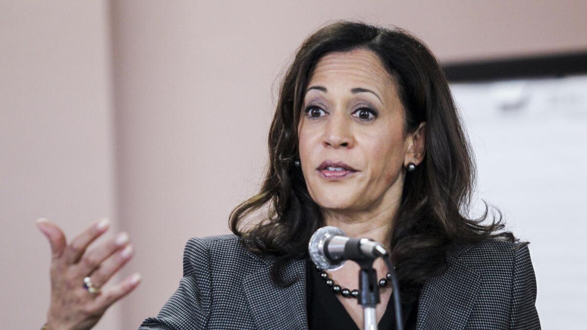 U.S. Senate candidate and California Atty. Gen. Kamala Harris speaks in Los Angeles earlier this year.