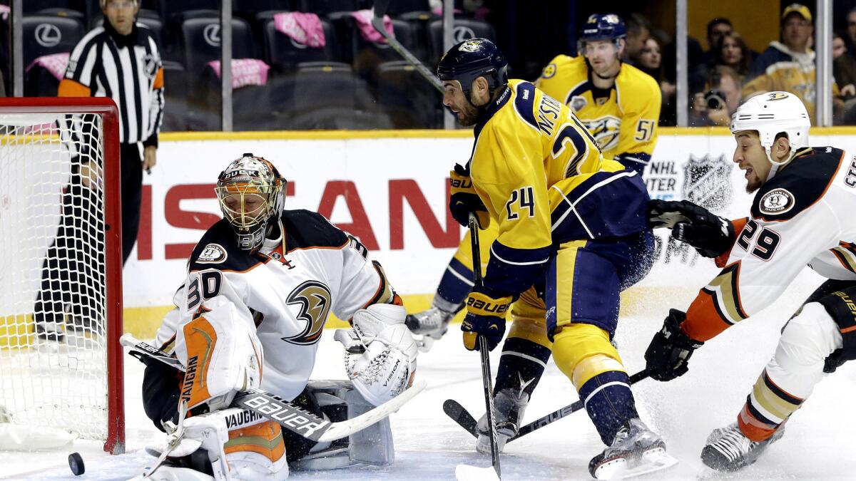 Predators left wing Eric Nystrom (24) scores against Ducks goalie Anton Khudobin in the second period Thursday.