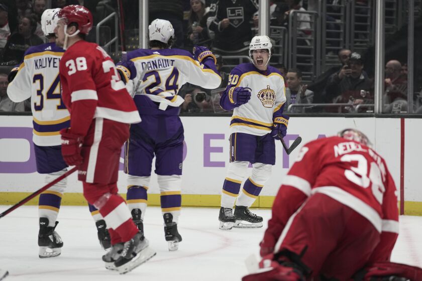 Kings defenseman Sean Durzi (50) is fired up after scoring in the second period against the Red Wings on Nov. 12, 2022.
