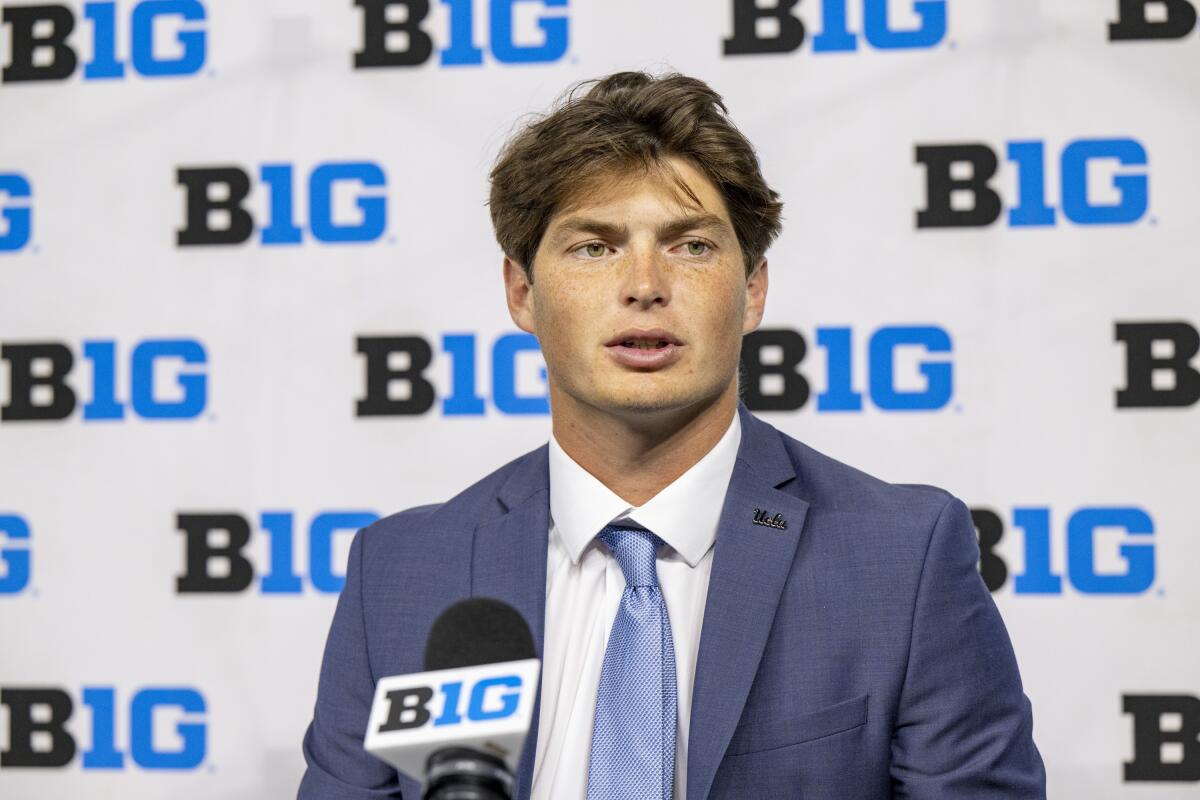 UCLA quarterback Ethan Garbers speaks during Big Ten media days in July.