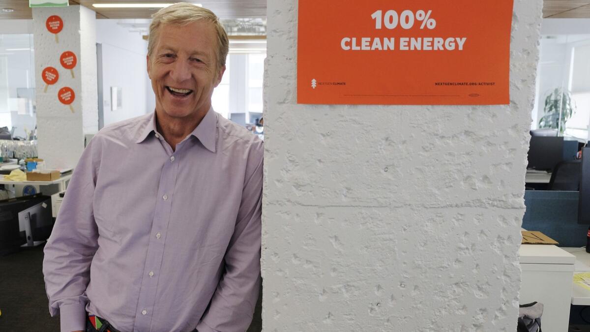 Billionaire environmental activist Tom Steyer at his offices in San Francisco. Arizona's largest utility is fiercely opposing a push to mandate increased use of renewable energy in the sun-drenched state, setting up a political fight over the measure funded by Steyer.