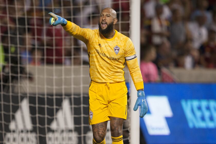 SANDY, UT - AUGUST 24 : Tim Howard #1 of the Colorado Rapids direct his defense during their game at Rio Tinto Stadium August 24, 2019 in Sandy, UT.(Photo by Chris Gardner/Getty Images)
