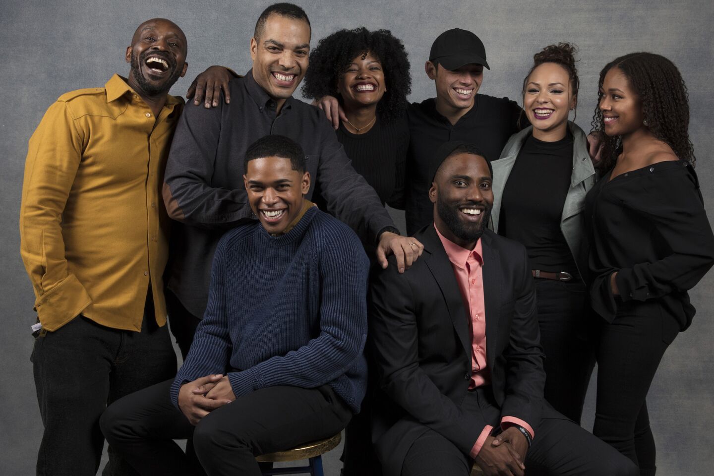 Back, from left, Rob Morgan, director/writer Reinaldo Marcus Green, Chante Adams, Anthony Ramos, Jasmine Cephas Jones, Niclole Beharie, and front, Kelvin Harrison Jr. and John David Washington from the film "Monsters and Men," photographed in the L.A. Times studio in Park City, Utah. FULL COVERAGE: Sundance Film Festival 2018 »