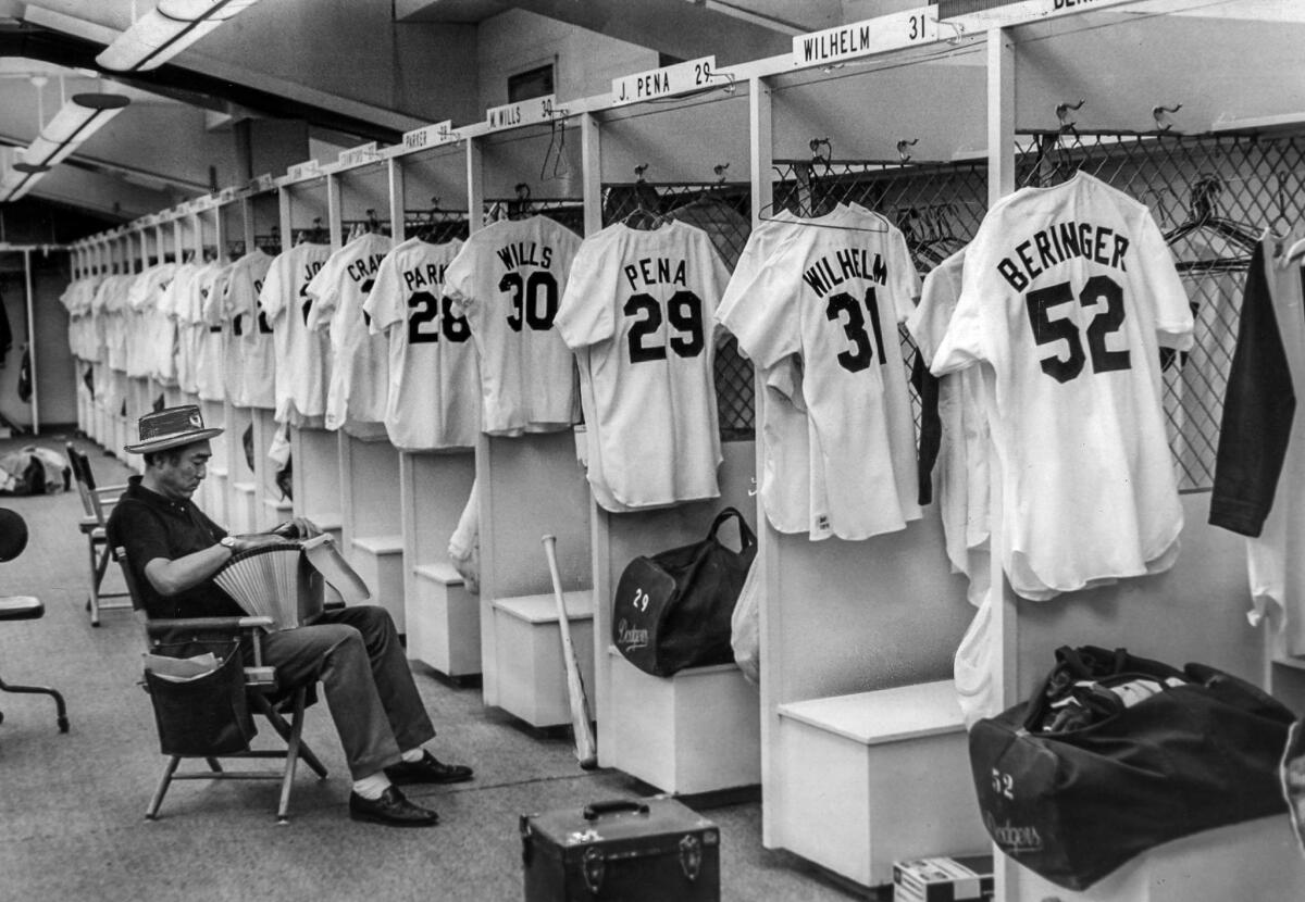 April 2, 1972: Dodgers equipment manager Nobe Kawano has everything ready in the L.A. clubhouse for the start of baseball season. Only thing missing? The players who are on strike.
