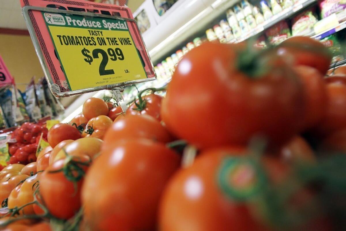 Tomatoes for sale in a New York City grocery store. Rising vegetable prices drove up the Producer Price Index 0.2% in January.