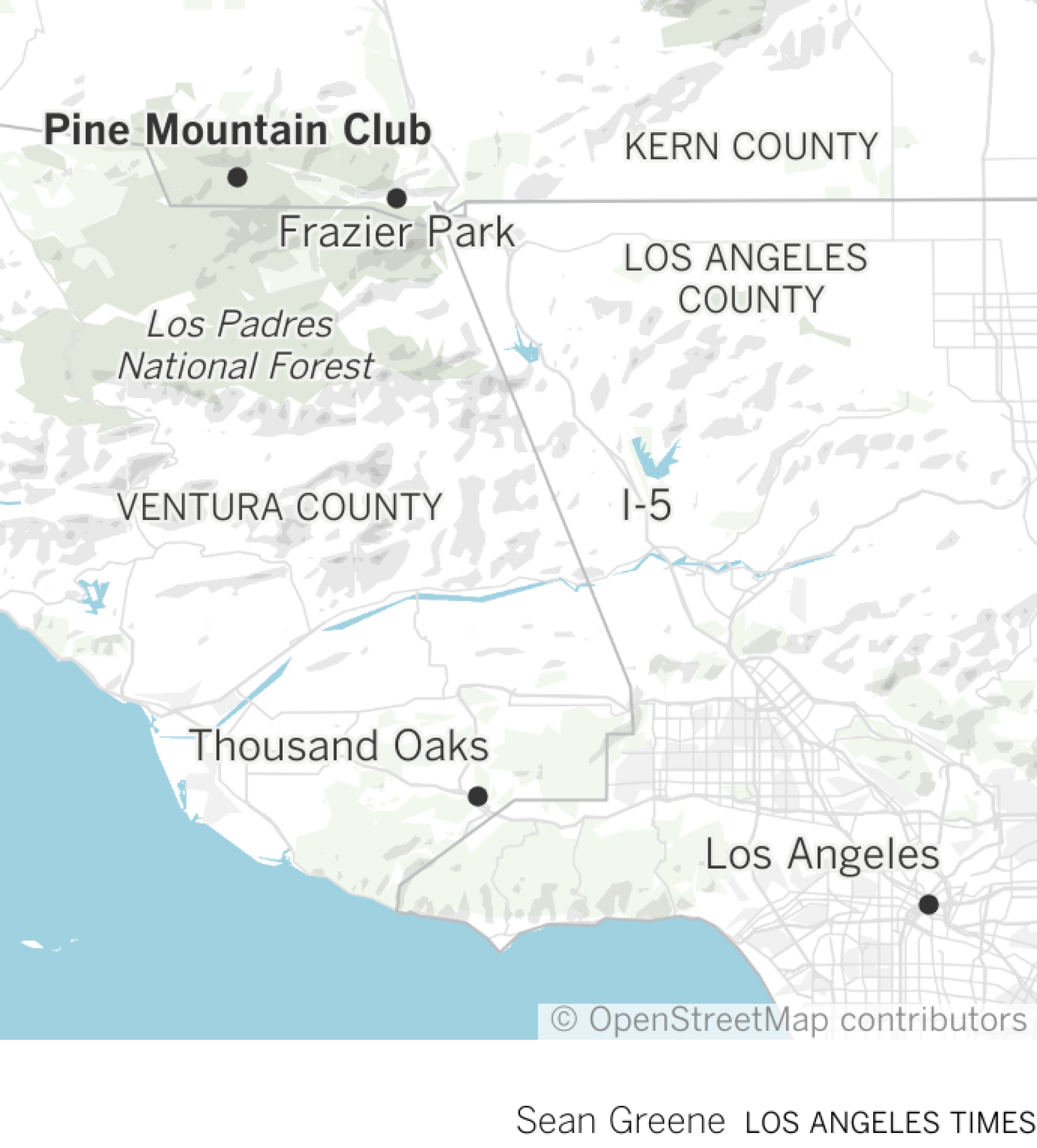 Map shows the location of Pine Mountain Club in Kern County, north of Ventura and Los Angeles counties