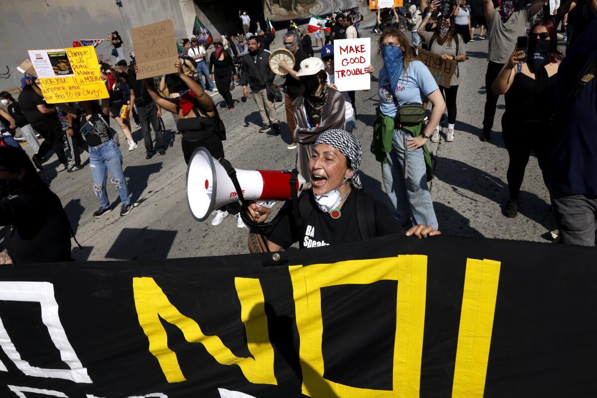 Protesters on the 101 freeway in Los Angeles on Sunday, June 8, 2025.