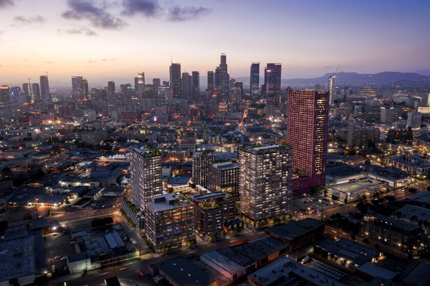 Fourth & Central aerial view at dusk. Master planning and project architecture by Studio One Eleven, with tower at right by Adjaye Associates.
