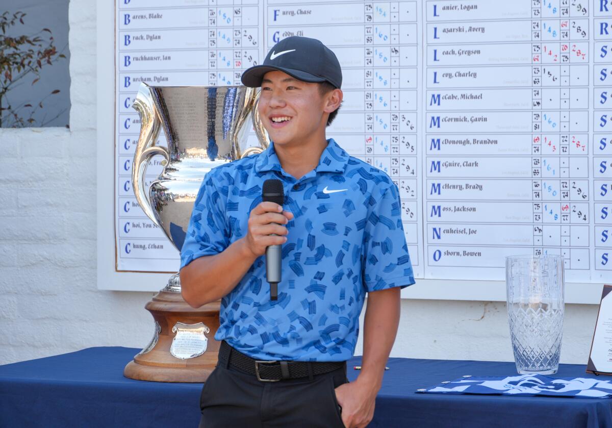 Jaden Soong celebrates after winning the Southern California Golf Assn. Amateur Championship.