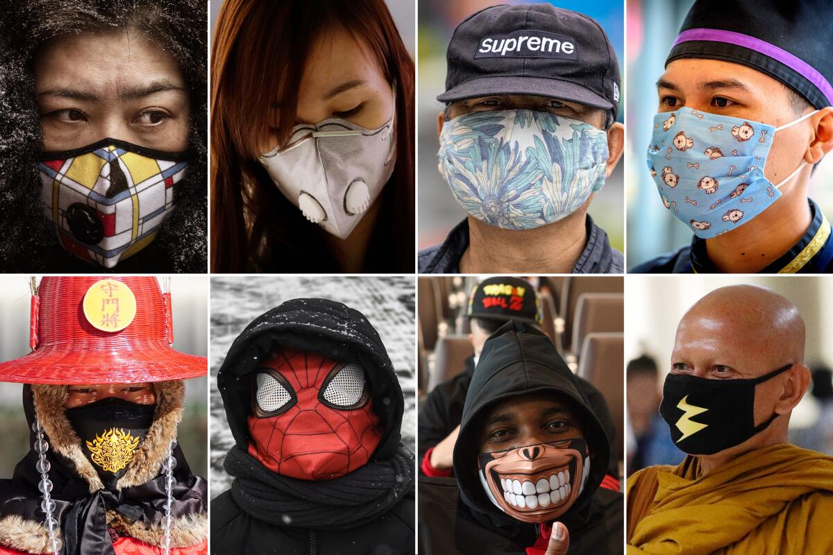 Eight people wearing masks with different designs, including Spider-Man, a toothy grin and a lightning bolt.