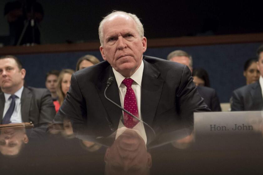 (FILES) In this file photo taken on May 23, 2017, former CIA Director John Brennan testifies during a House Permanent Select Committee on Intelligence hearing about Russian actions during the 2016 election on Capitol Hill in Washington, DC. - Former CIA chief John Brennan doubled down August 19, 2018 on his charge that Donald Trump has engaged in "treasonous" behavior and called on Congress to block the US president's attempts to strip other intelligence officials of their security clearances. Brennan has received an outpouring of support from former top-ranking intelligence officers -- but not much from Republican lawmakers -- since Trump revoked his top secret security clearance last week in retaliation for what the president called "unfounded and outrageous allegations." (Photo by SAUL LOEB / AFP)SAUL LOEB/AFP/Getty Images ** OUTS - ELSENT, FPG, CM - OUTS * NM, PH, VA if sourced by CT, LA or MoD **