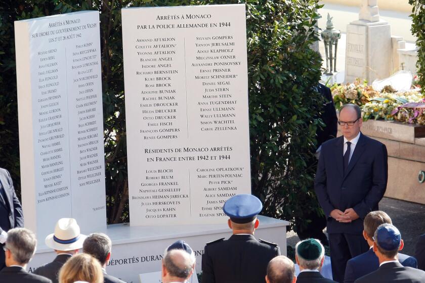 Prince Albert II of Monaco presides at the unveiling on Aug. 27, 2015, of a monument to Jews deported from the Riviera principality during World War II.