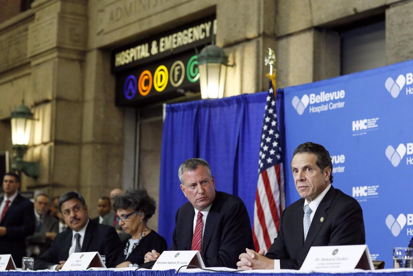 New York Mayor de Blasio and New York Governor Cuomo attend news conference in Bellevue Hospital in New York