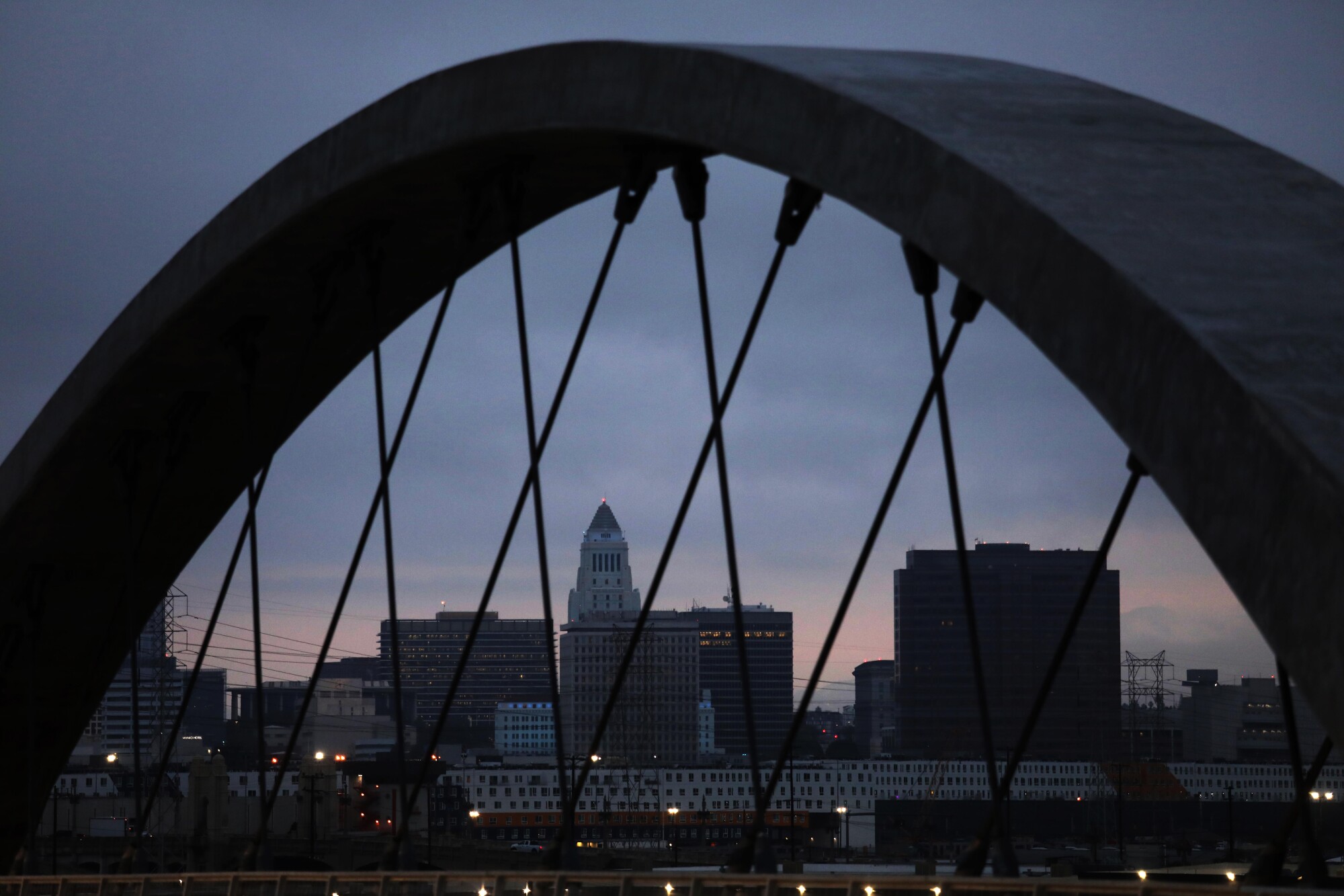 L.A. City Hall is framed by one of the arches of the new 6th Street Viaduct.