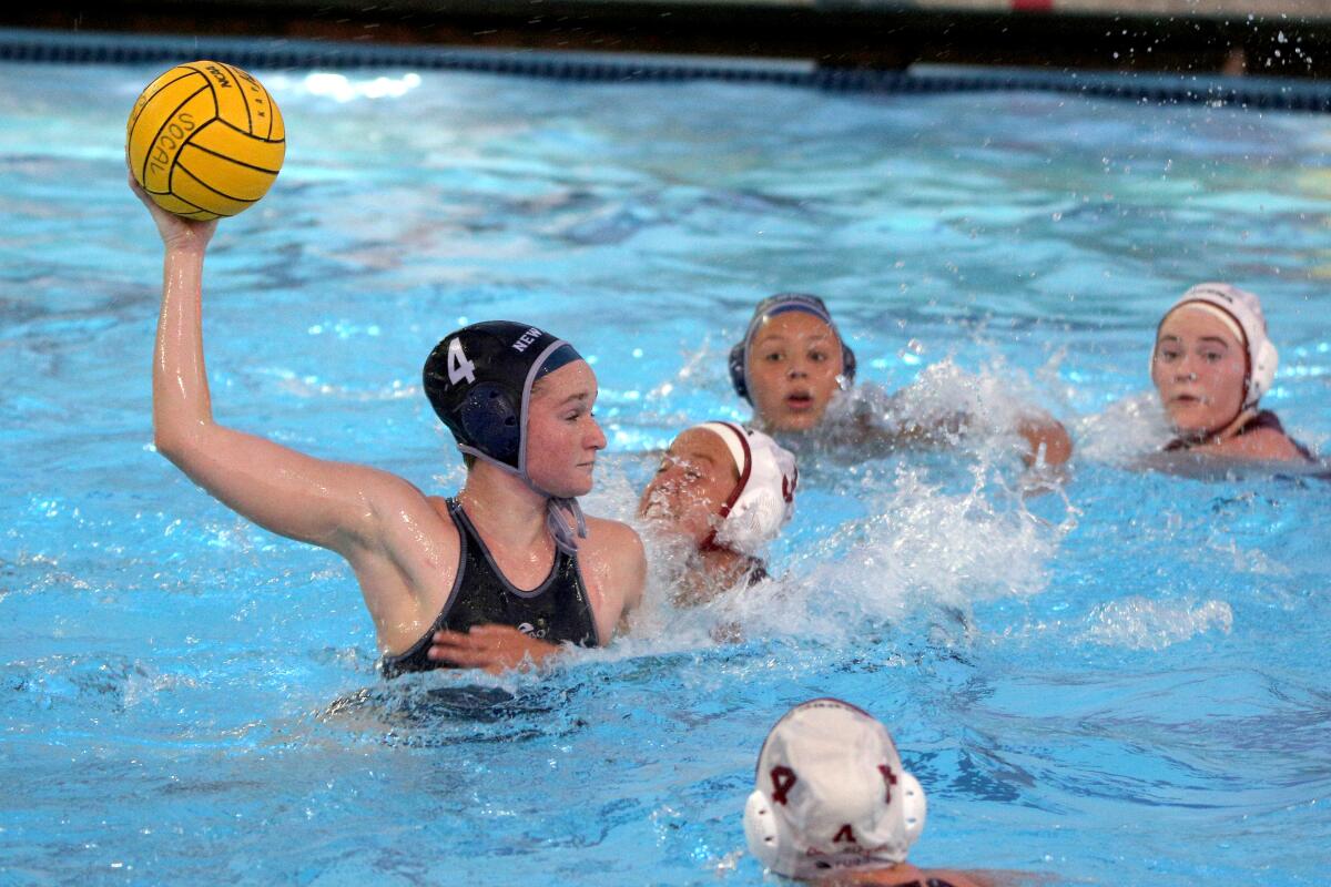 Newport Harbor's Morgan Netherton takes a shot on goal under pressure in the CIF Southern Section Open Division title game.