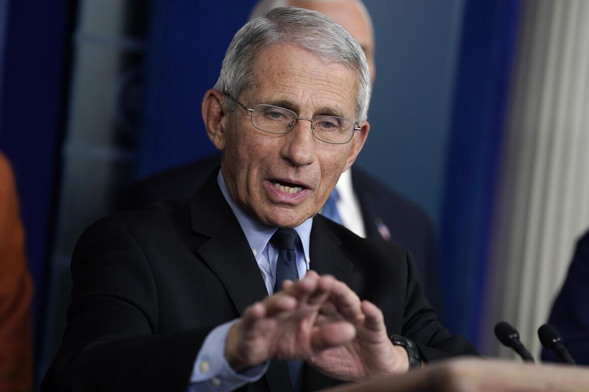 Dr. Anthony Fauci, director of the National Institute of Allergy and Infectious Diseases, speaks during a White House briefing.