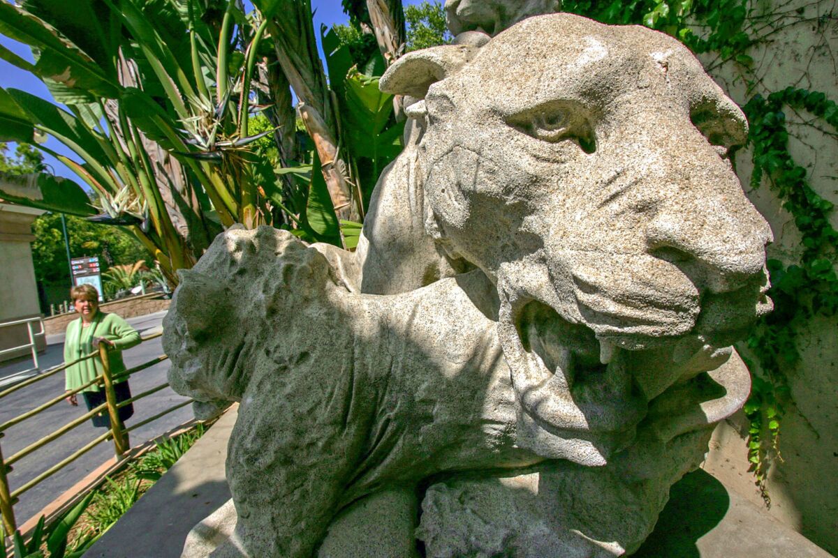 May 13, 2009: Connie Morgan, head of the Greater Los Angeles Zoo Assn., walks past a mother lion with cubs, one of four lion statues from the Selig Zoo, lost during the 1950s, which have been found and restored.