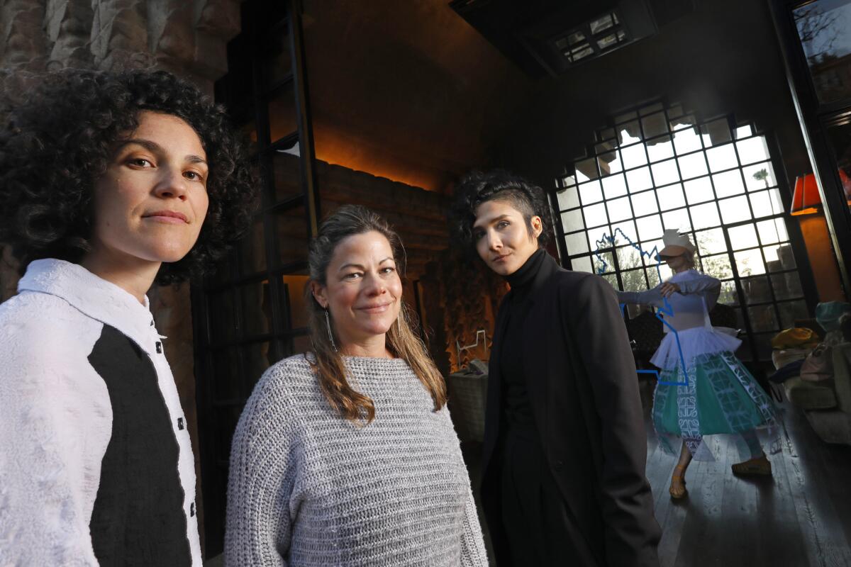 Rebecca Bruno, founder of homeLA, with Jenny Landers, center (owner of the Sowden House), and filmmaker Delaram Pourábdi.