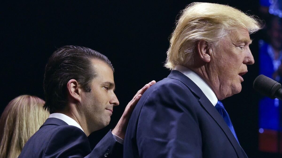 Donald Trump Jr. with his father, then-Republican presidential nominee Donald Trump, in New Hampshire on Nov. 7, 2016.