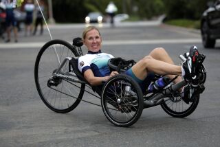 Michelle Pinard ready to ride from Del Mar on her recumbent street bike with a group of riders Sunday. photo by Bill Wechter