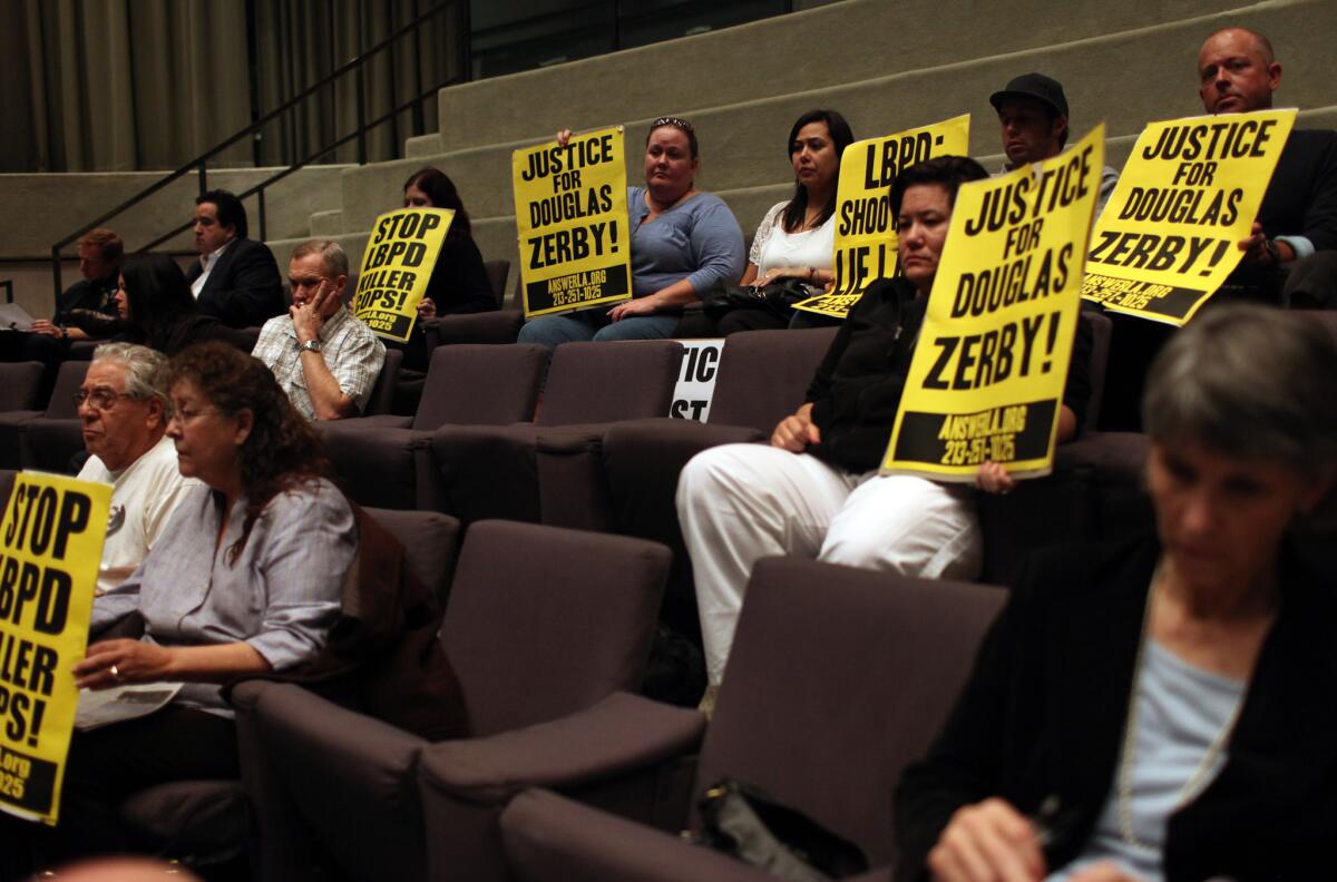 Supporters of Douglas Zerby at a 2011 Long Beach City Council meeting. Zerby was fatally shot by Long Beach police officers. The California Supreme Court ruled Thursday that police agencies generally must release the names of officers involved in shootings.