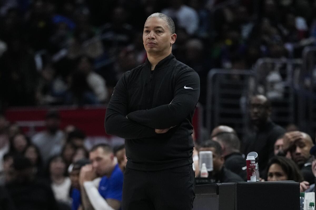 Clippers coach Tyronn Lue watches from the sideline against the Atlanta Hawks at Crypto.com Arena.