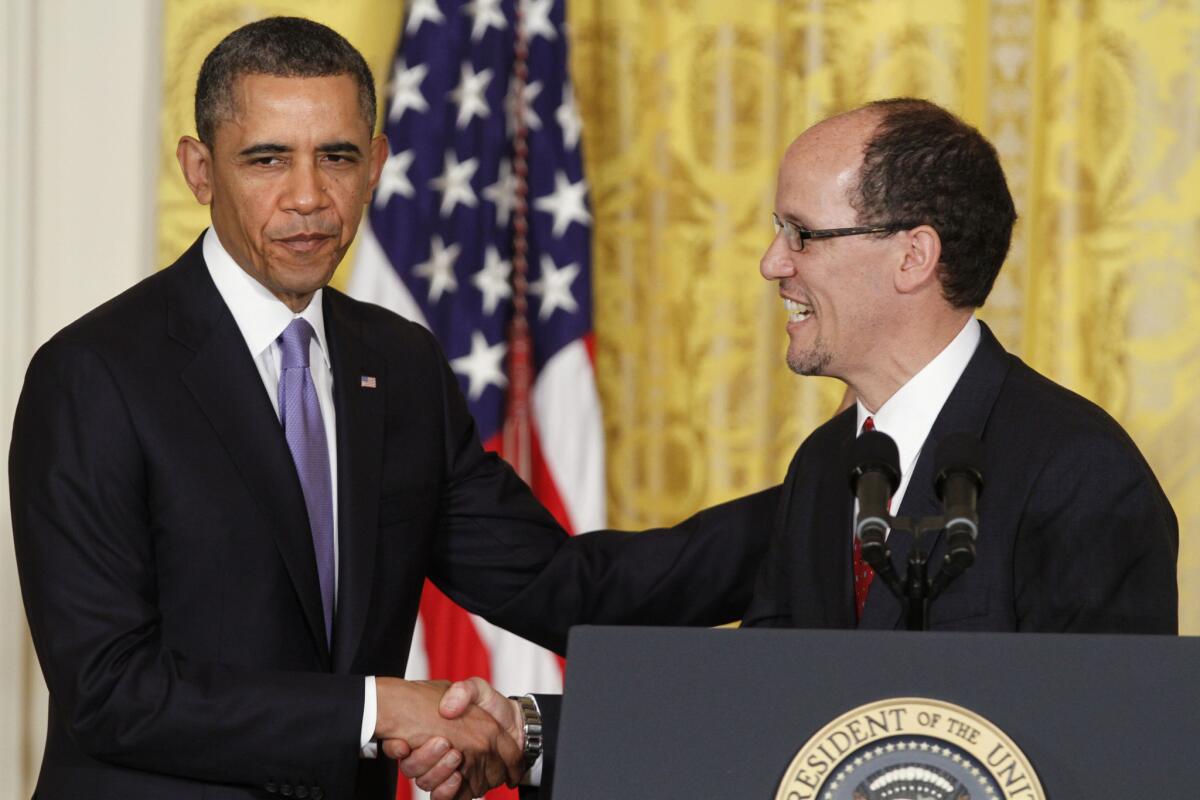 President Obama with Thomas Perez, his nominee to be Labor secretary.