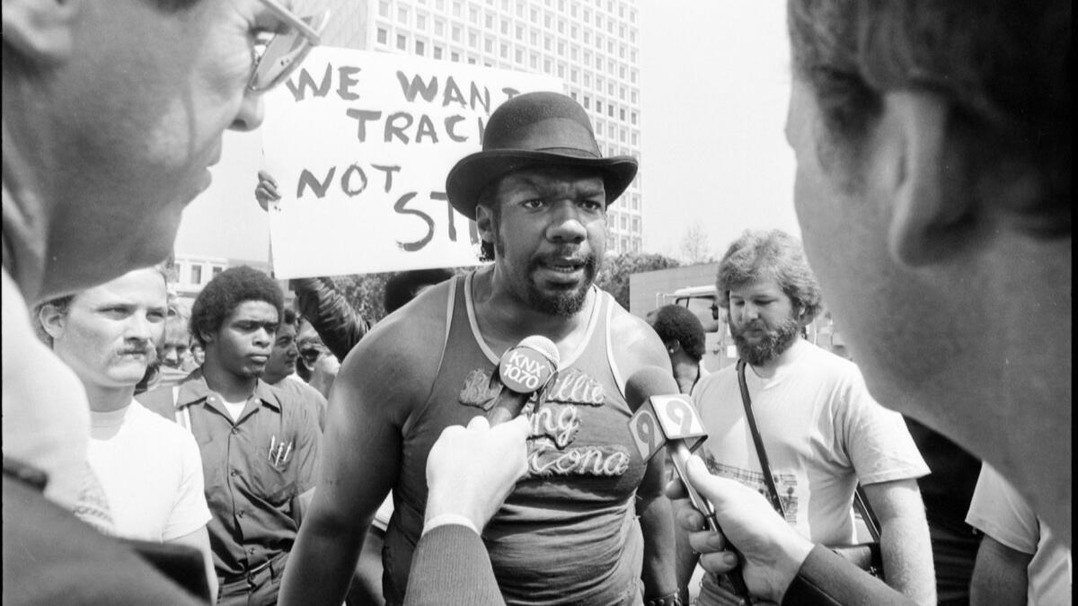 March 24, 1981: Big Willie Robinson during a demonstration in downtown L.A. in support of a proposed drag race track on Terminal Island.