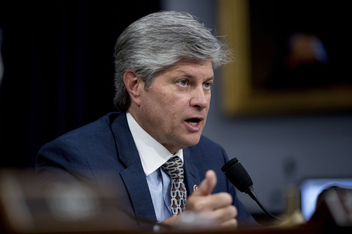 FILE - U.S. Rep. Jeff Fortenberry, R-Neb., speaks on Capitol Hill, Wednesday, March 27, 2019, in Washington. Fortenberry has typically been a low-profile Republican politician who easily won in his district and rarely made headlines. But now he's headed to a high-stakes trial in Los Angeles that could cost him his job and his freedom. Fortenberry will stand trial starting Wednesday, March 16, 2022 to fight allegations that he lied to federal investigators about an illegal 2016 contribution to his campaign from a foreign national and didn't properly disclose it in campaign filings. (AP Photo/Andrew Harnik File)
