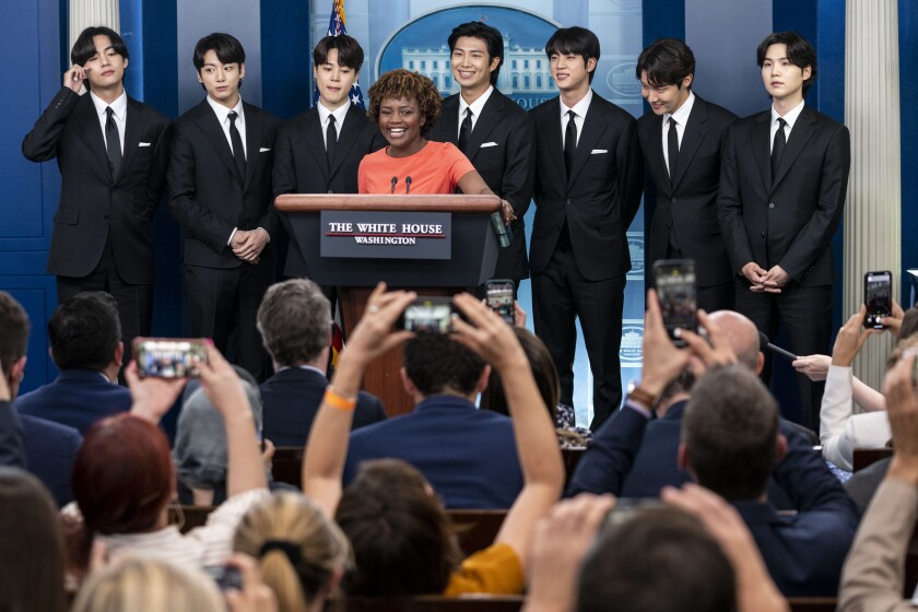 Members of the K-pop supergroup BTS  join White House press secretary Karine Jean-Pierre.