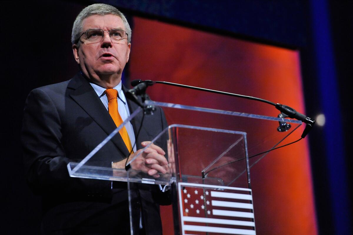IOC President Thomas Bach speaks during a reception for the ANOC General Assembly in Washington on Wednesday.