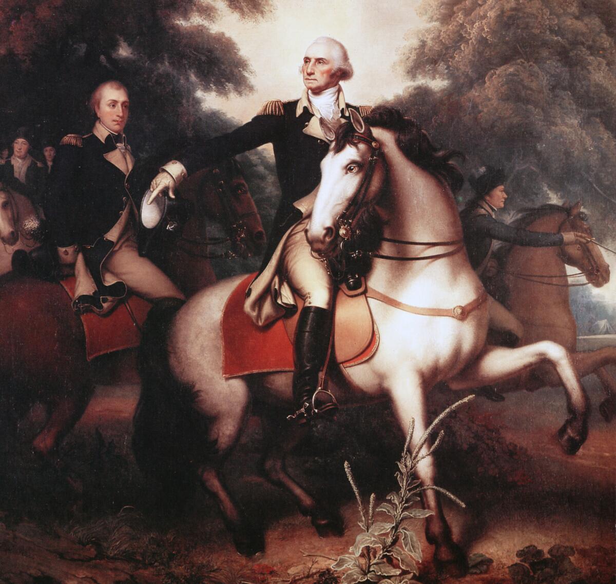 A painting of two men in dark military coats and boots, riding horses, with another rider in the background
