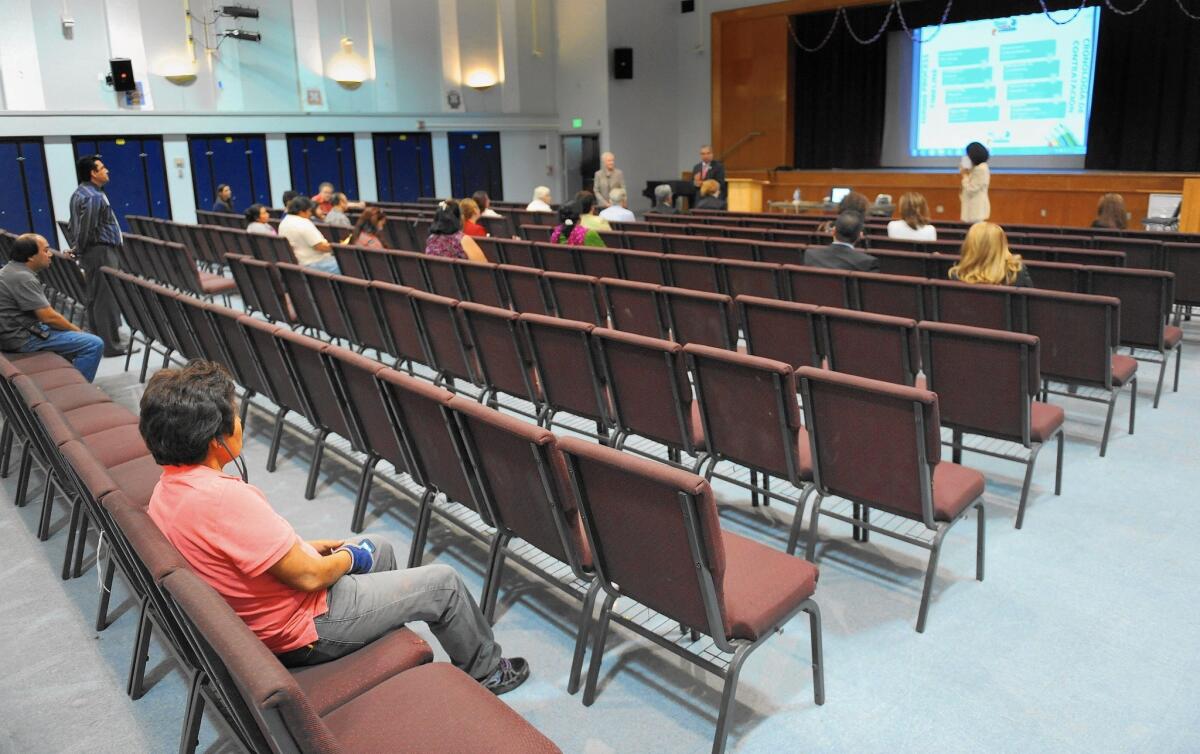 Most of the chairs are empty at a community meeting at Monroe High School last month for parents and teachers to give input on the search for a new schools superintendent.