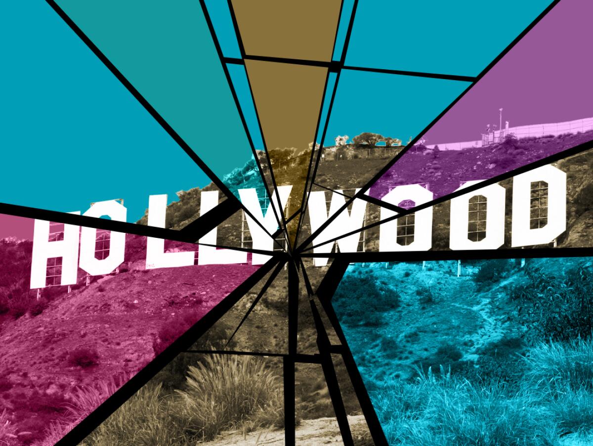 The Hollywood sign overlaid with different colored fragments